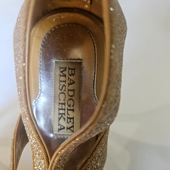 Badgley Mischka 8M Golden Stiletto Heels Leather Soles Strappy Glitter Gold - Picture 4 of 8
